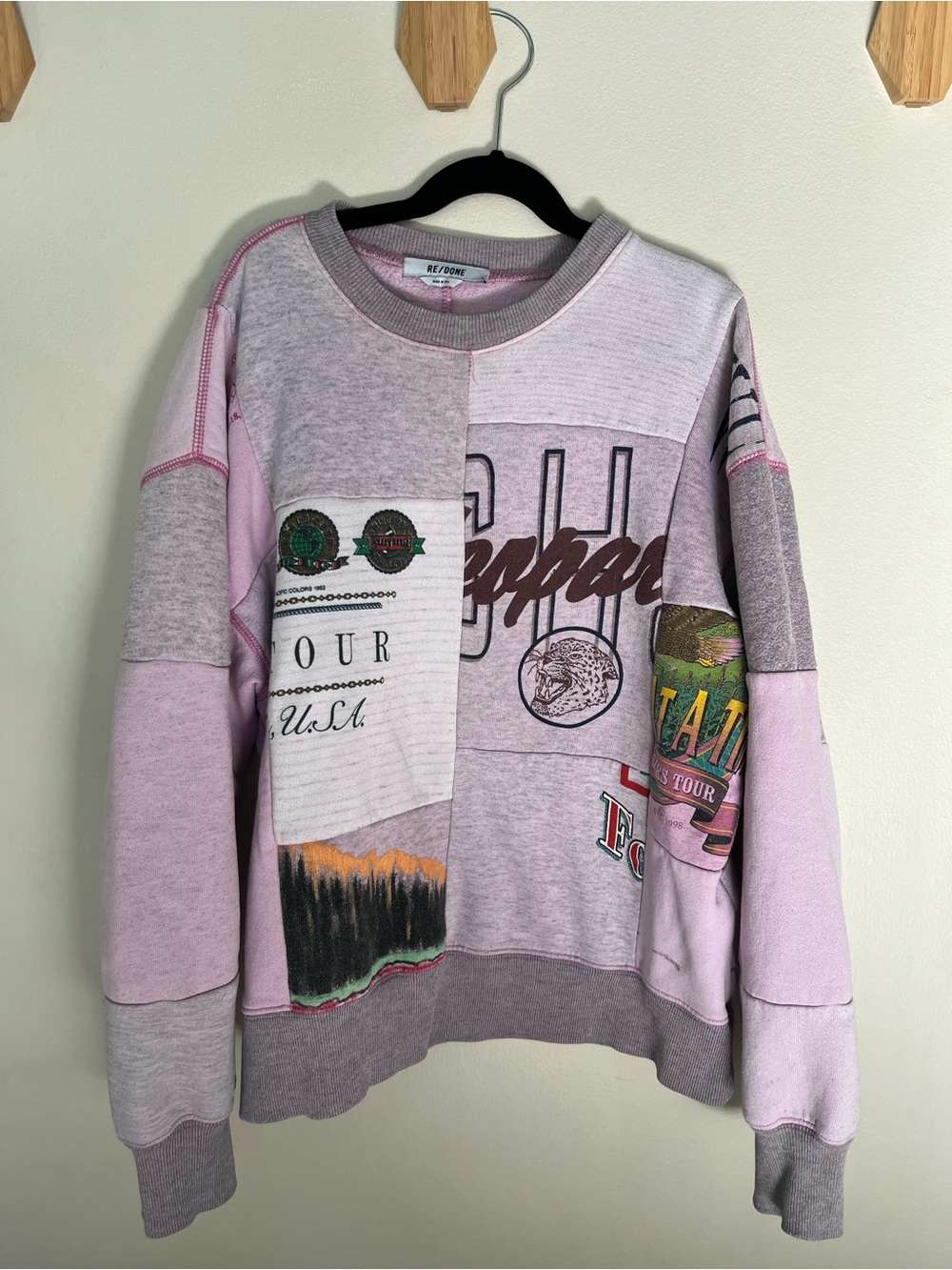 Re/Done Pink Patchwork Graphic Crewneck Sweatshirt